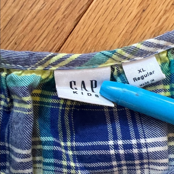 Gap Kids Lightweight Plaid Collarless Button down 3/4 Sleeve 100% Cotton XL - Picture 7 of 9